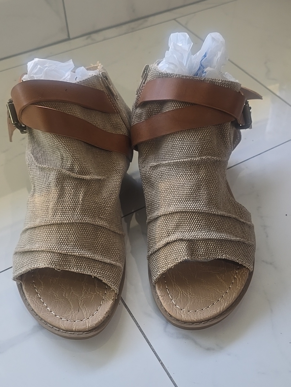 Not Rated Beige Canvas & Brown Strap Open-Toe Mules